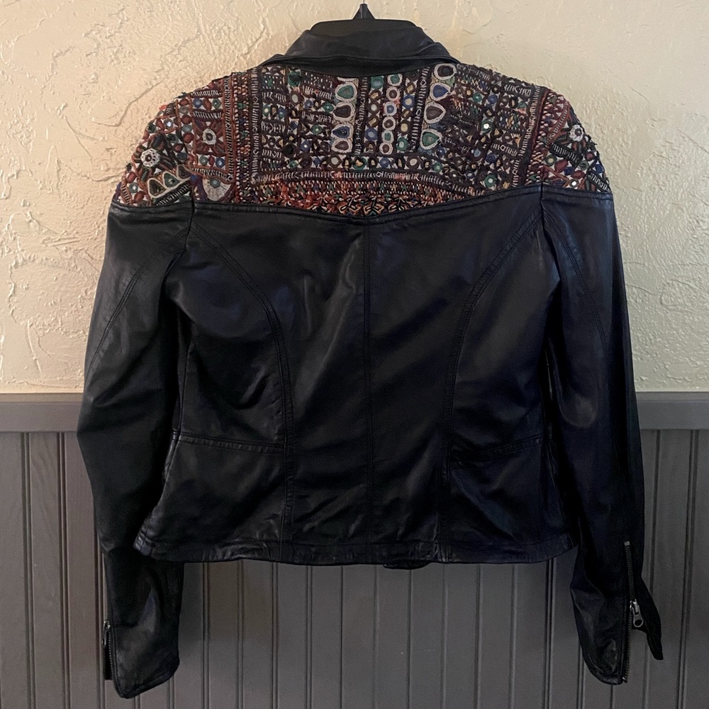 VERY RARE! Free People Leather Jacket Moroccan Embellishment Size 0
